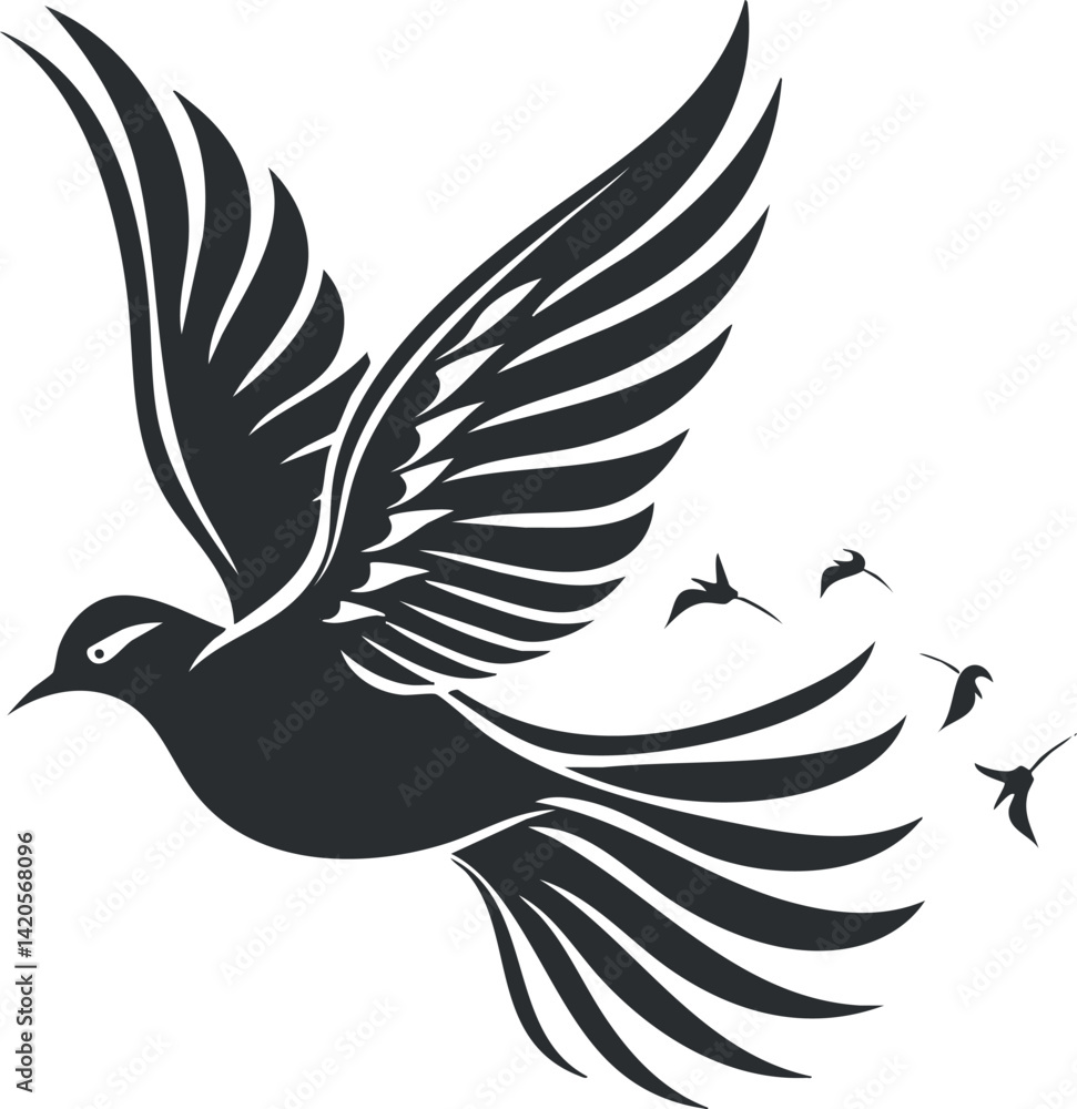 Obraz premium A stylized black silhouette of a bird in flight with extended wings and smaller birds.