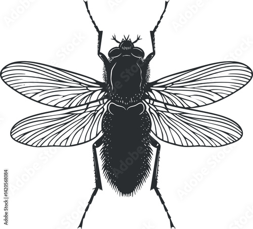 Detailed illustration of a fly showcasing its wings and body structure in black and white.
