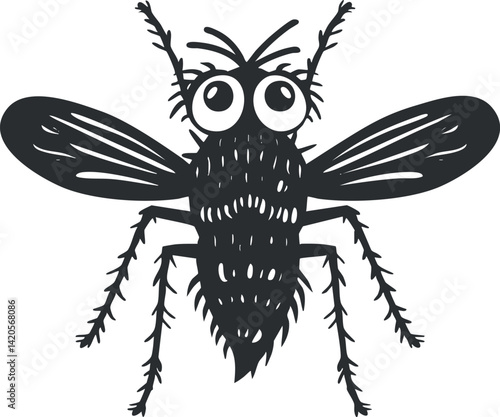A whimsical black and white illustration of a cartoon fly with oversized eyes.