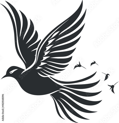 A stylized black silhouette of a bird in flight with extended wings and smaller birds.