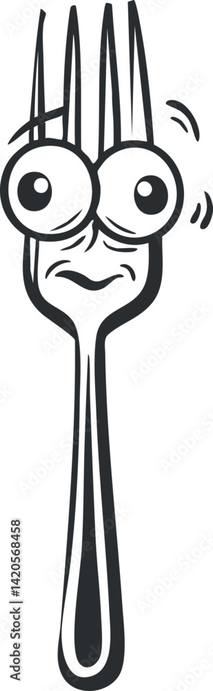 A playful cartoon fork character with expressive eyes and a whimsical smile. A playful cartoon fork character with expressive eyes and a whimsical smile.