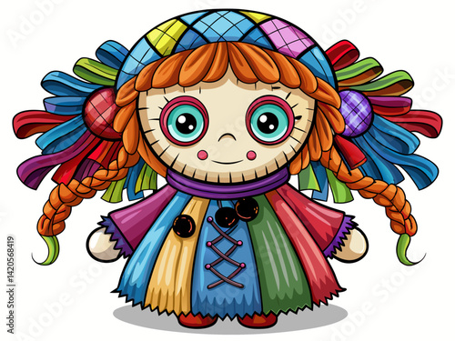 A high-quality vector illustration of a handmade rag doll with stitched face, yarn hair, and fabric dress, isolated on a white background