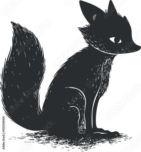 A stylized silhouette of a fox sitting gracefully with a bushy tail.