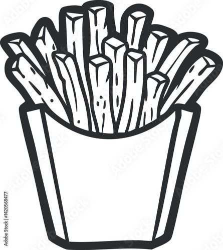 Illustration of a container filled with crispy golden french fries on a white background.