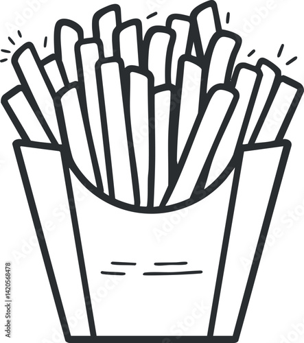 A cartoon illustration of a box filled with crispy french fries popular in fast food.