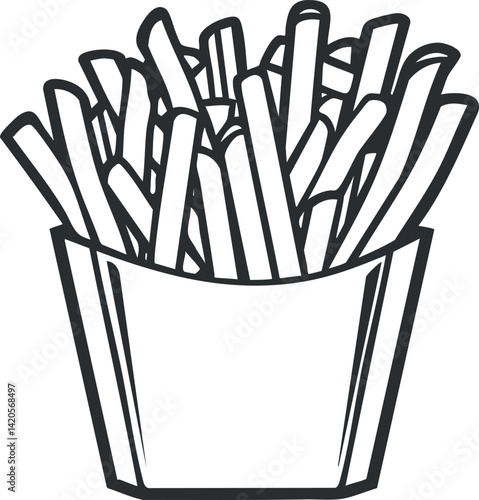 A stylized illustration of crispy french fries in a container perfect for food-related themes.