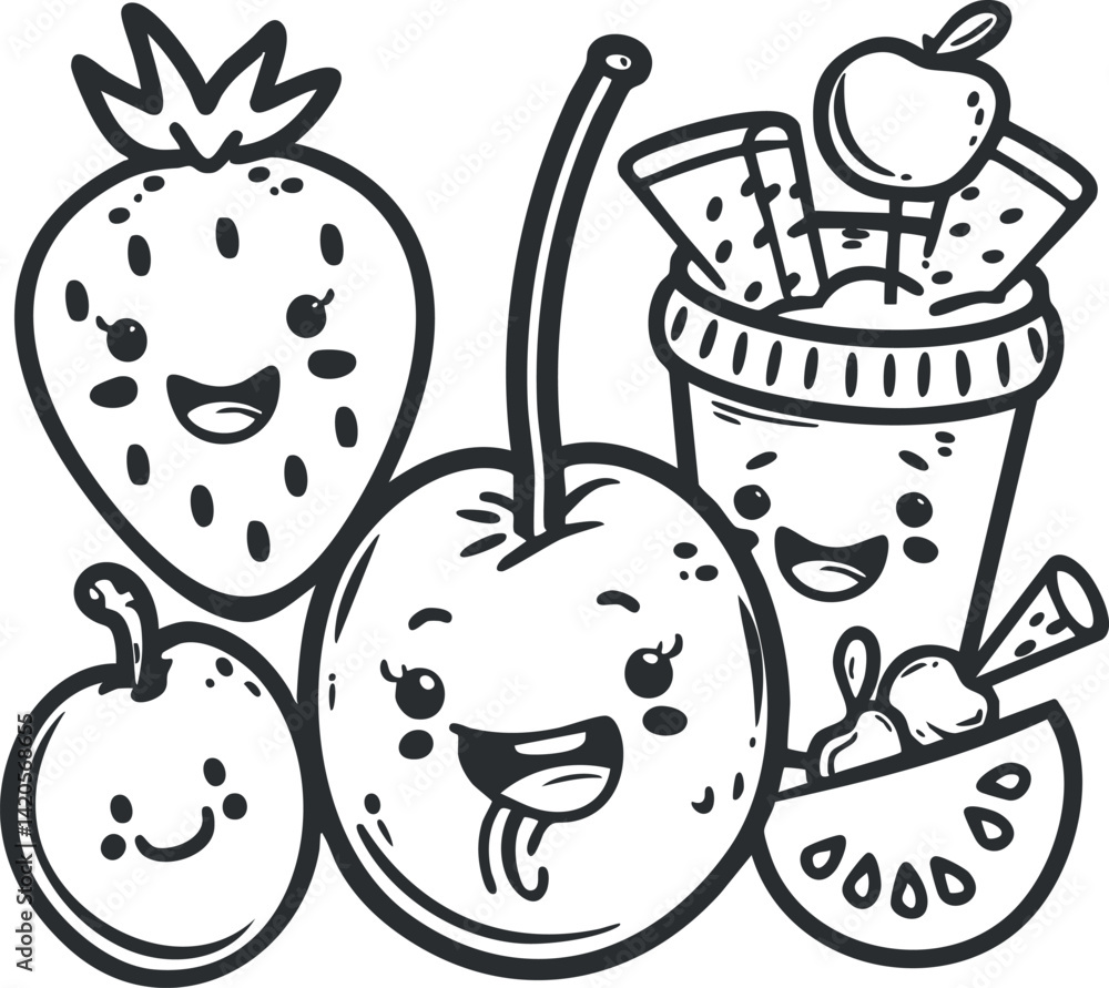 Fototapeta premium A playful cartoon illustration of happy fruits and a juice cup with cheerful expressions.