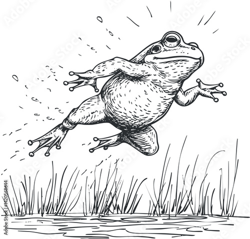 A detailed sketch of a frog leaping from the grass near a pond.