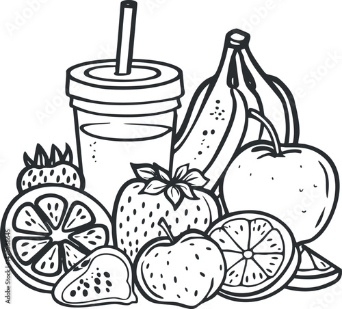 A colorful illustration of various fruits and a smoothie cup, ideal for health and wellness themes.