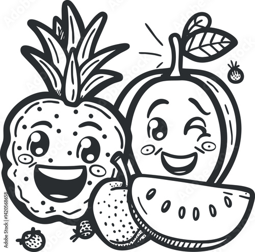 A cheerful illustration of a smiling pineapple, apple, and watermelon with cute expressions.