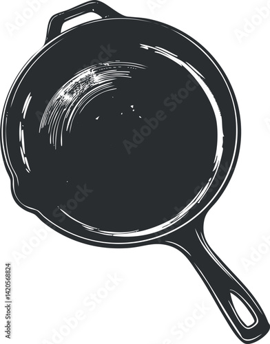 A minimalist illustration of a cast iron frying pan suitable for kitchen and cooking themes.