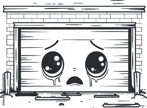 A cartoon illustration of a sad garage door with expressive eyes and a frown.