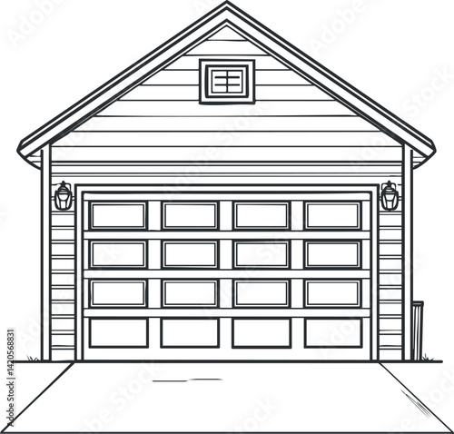 A line art illustration of a residential garage with a classic design and detailed features.