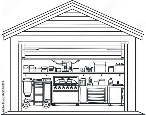 Illustration of a well-organized garage interior with tools shelves and equipment for various projects.