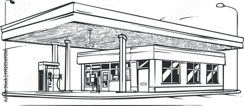 Illustration of a gas station with fuel pumps and a convenience store in a black and white style.
