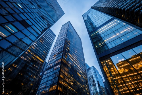 Wallpaper Mural Upward view of modern glass skyscrapers under blue sky at twilight for business and financial themes Torontodigital.ca