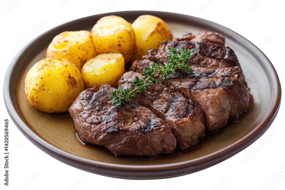 Grilled Steak with Potatoes on Plate Grilled Steak with Potatoes on Plate
