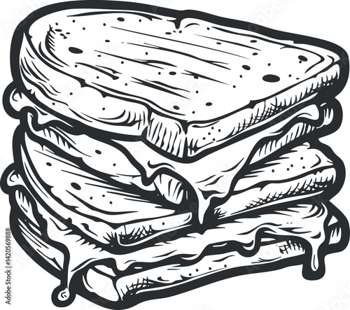 Illustration of a delicious stacked grilled cheese sandwich with melted cheese and crispy bread.