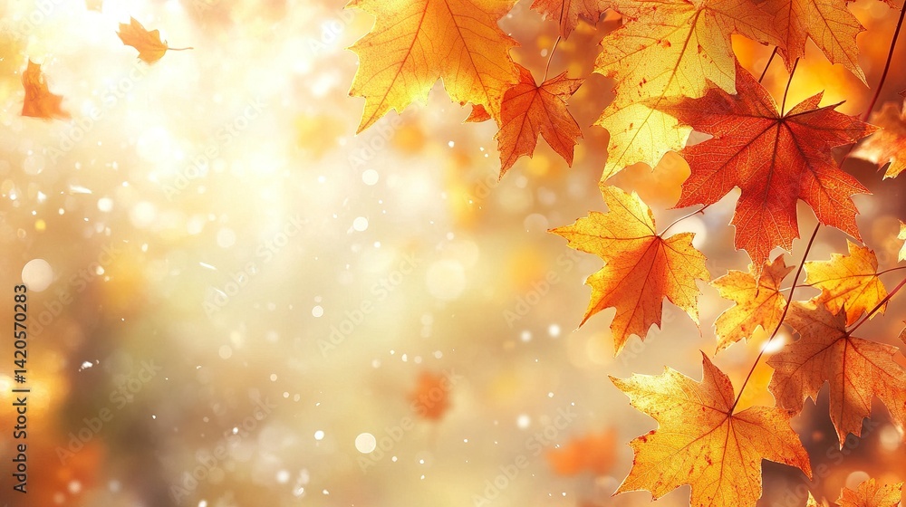 Close-up of bright orange and yellow maple leaves in sunlight, soft bokeh background Close-up of bright orange and yellow maple leaves in sunlight, soft bokeh background