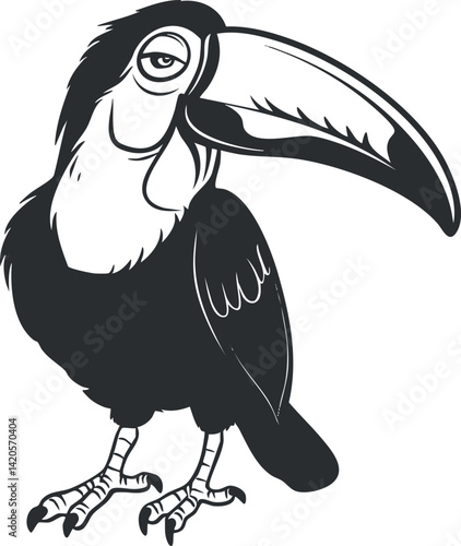 A cartoon illustration of a tropical bird with a large beak and stylized feathers.