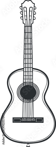 Illustration of a traditional acoustic guitar in black and white outline style.