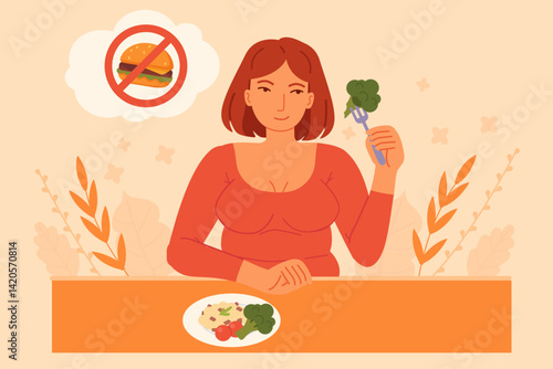 Smiling woman eating healthy vegetables and refusing fast food. Concept of clean eating and diet improvement. Stock vector illustration in cartoon style.