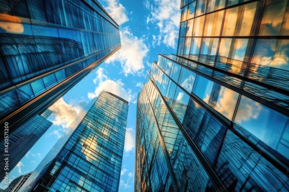 Obraz premium Skyscrapers reaching towards the sky with glass facades reflecting sunlight and clouds, architectural cityscape with modern design