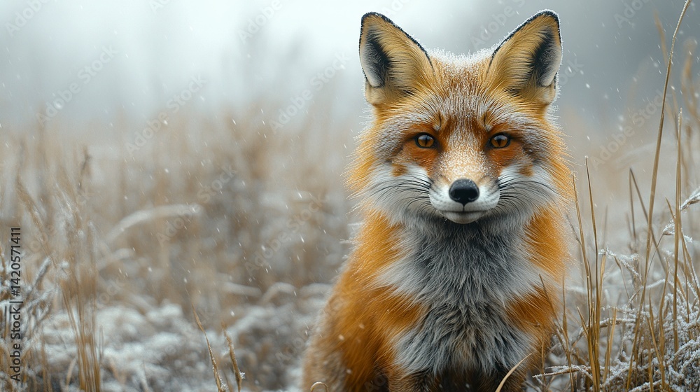 Obraz premium Close-up wildlife portrait of red fox in open grassland, foggy background with soft focus 
