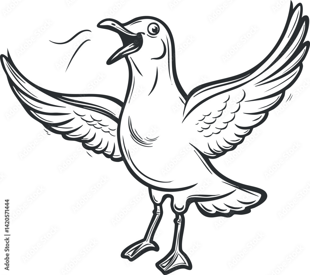 Fototapeta premium A playful cartoon seagull with wings spread wide, singing joyfully by the beach.