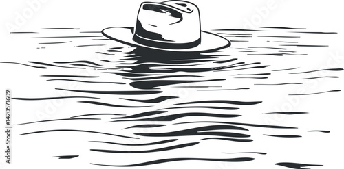 A minimalist illustration of a hat floating on calm water, creating a serene and tranquil scene.