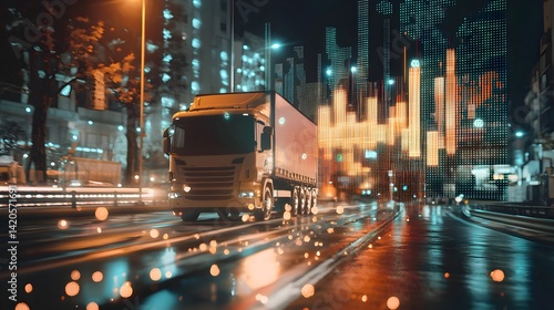 Smart Logistics and Freight Transport at Night, Futuristic Concept of Big Data Analytics, AI, and Supply Chain Optimization in Urban Trucking Infrastructure.