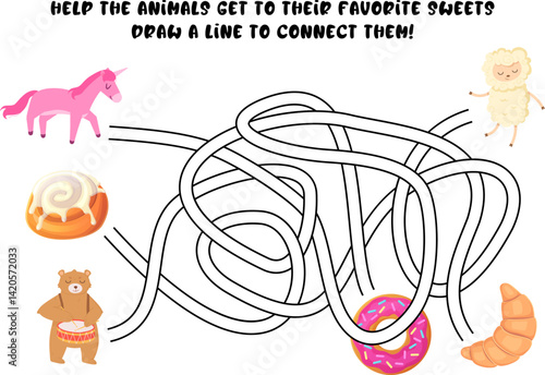 Funny maze game with a unicorn, bear and sheep looking for their favorite desserts. Bright cartoon style with cinnamon roll, donut, croissant. Stock vector illustration in flat cartoon style.