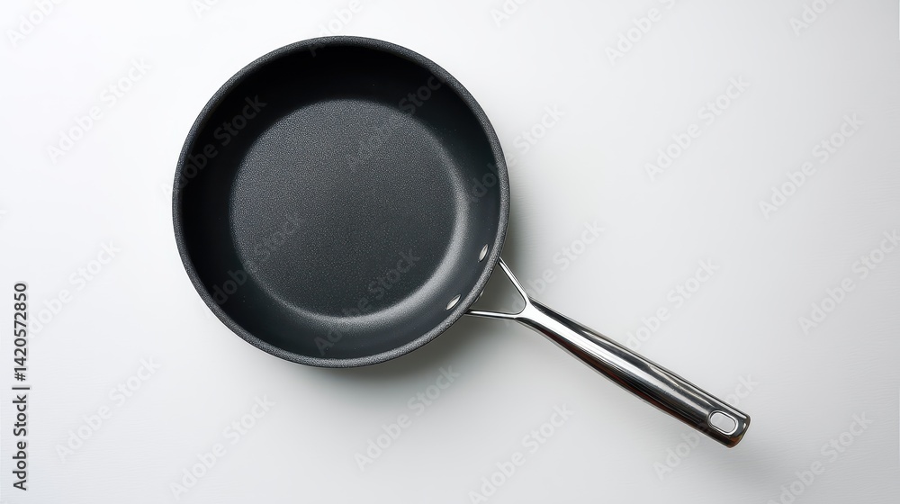 High Angle View of a Floating Fried Pan Displayed Against White Backdrop, showcasing culinary arts. High Angle View of a Floating Fried Pan Displayed Against White Backdrop, showcasing culinary arts.