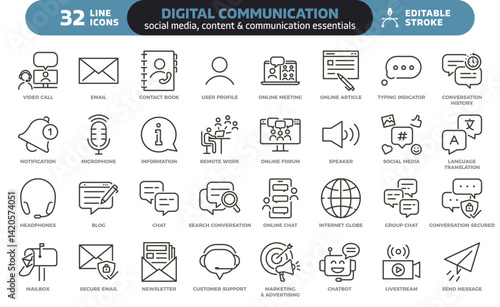 Digital communication and social media icon set. Thin line editable stroke icons for messaging, remote work, online meetings, web, internet chat, online content, support, speech bubbles
