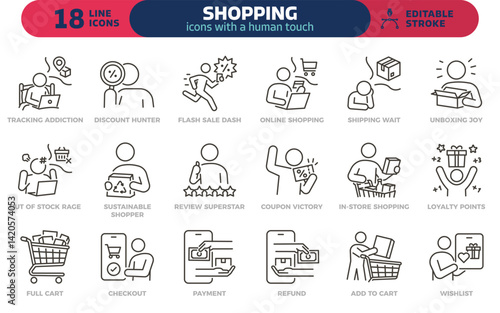 Online shopping icon set. Thin line editable stroke icons for consumer experience, e‑commerce, delivery, promotions, products, people buying 