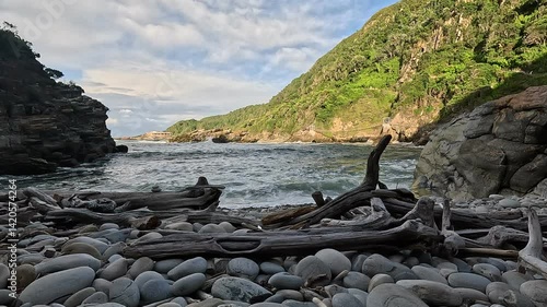 Rocky beach waves breaking 
