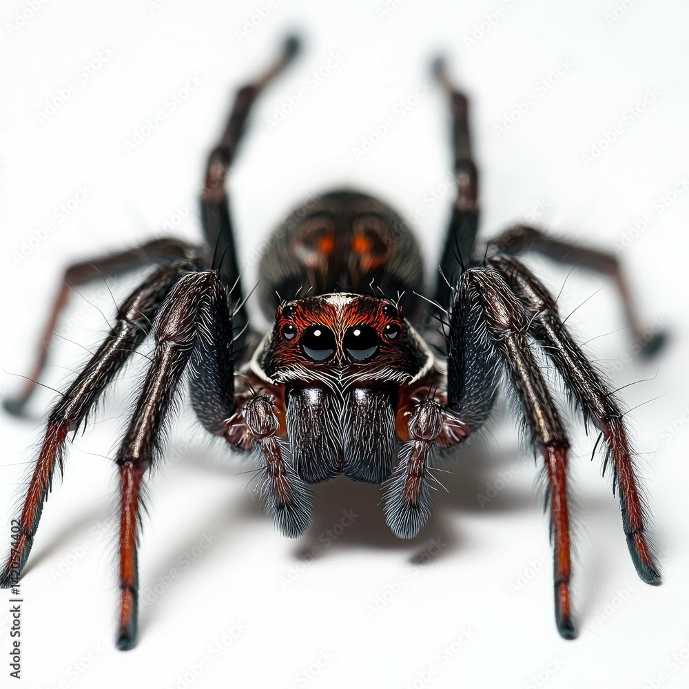Obraz premium Close-Up of a Red and Black Jumping Spider on White Background