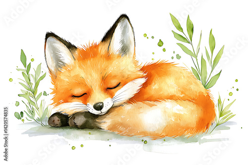 Watercolor illustration of a curled-up sleeping fox surrounded by delicate green foliage against a white background.