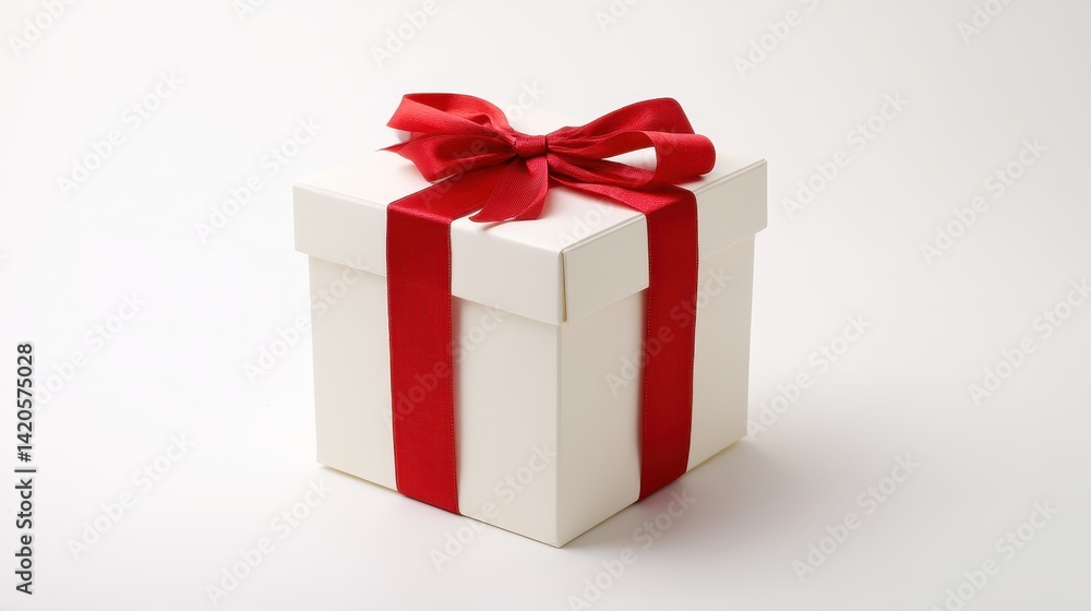 Minimalist illustration of a gift box with a vibrant red ribbon on a pristine white background Minimalist illustration of a gift box with a vibrant red ribbon on a pristine white background