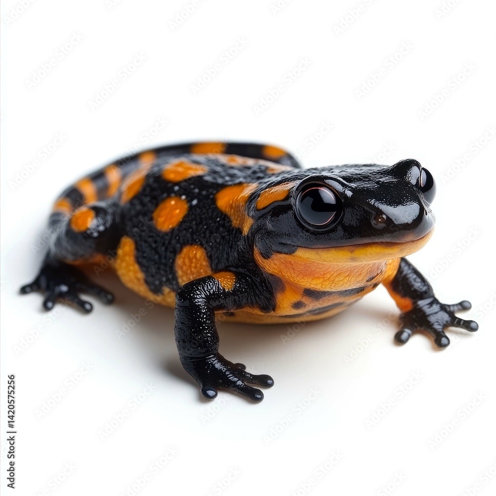 Obraz premium Close-up of a striking black and orange salamander, showcasing its unique texture and vibrant colors against a pristine white backdrop.