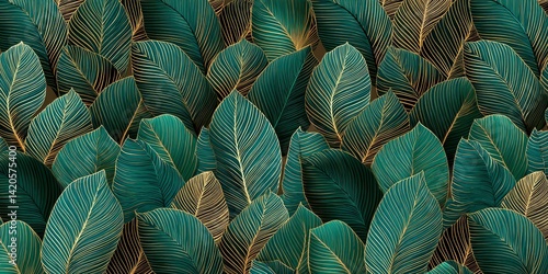 Elegant Teal and Gold Leaf Pattern: A Luxurious Botanical Illustration