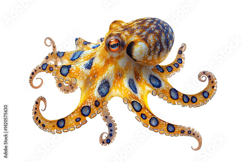 Obraz na płótnie A vibrant octopus with curled tentacles adorned with striking blue rings and a mottled orange-brown body against a clean white backdrop. w salonie