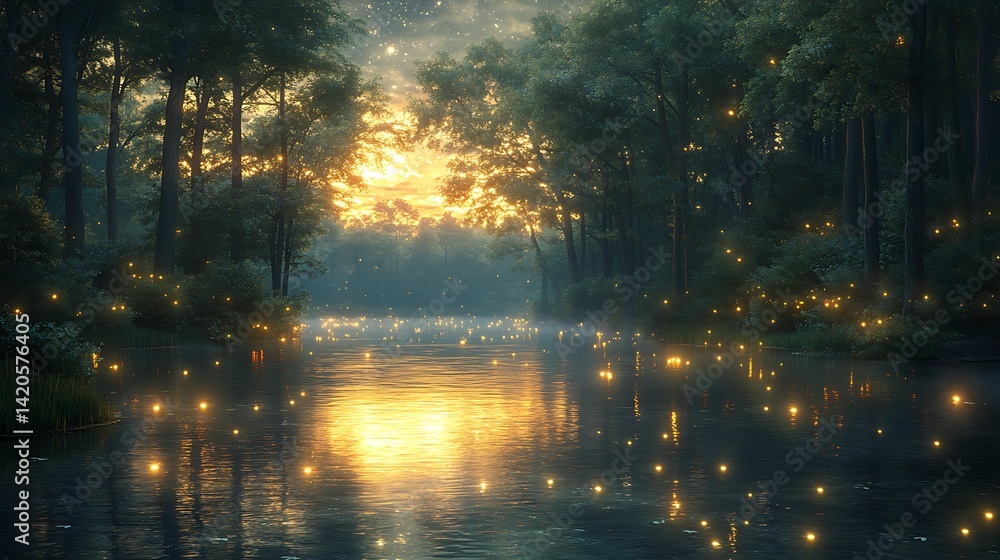 Tranquil River Scene At Sunset With Fireflies Reflecting On The Water Photo Tranquil River Scene At Sunset With Fireflies Reflecting On The Water Photo