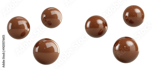 Delicious Dark Chocolate Candy Balls with Glossy Surface and Sweet Confectionery Spheres Flying in Space Isolated on Transparent and White Background