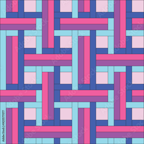 Abstract pattern of aida cloth created from neon purple, pink, royal and aqua blue rectangles and squares