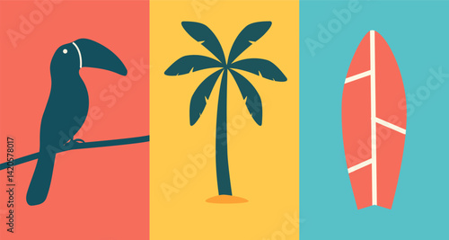 Vector triptych with toucan, palm tree, and surfboard. Clean retro palette and balanced composition. Ideal for prints, postcards, branding, packaging, banner, and web graphics.