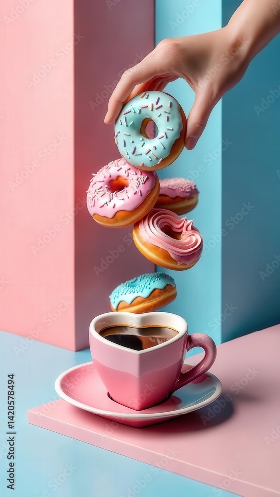 Hand holding colorful donuts with sprinkles above a pink coffee cup on pastel blue and pink background