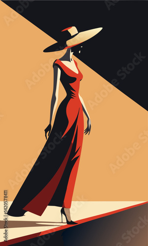 A striking minimalist illustration of a woman in a red gown and wide-brimmed black and white hat, walking with poise and sophistication. 