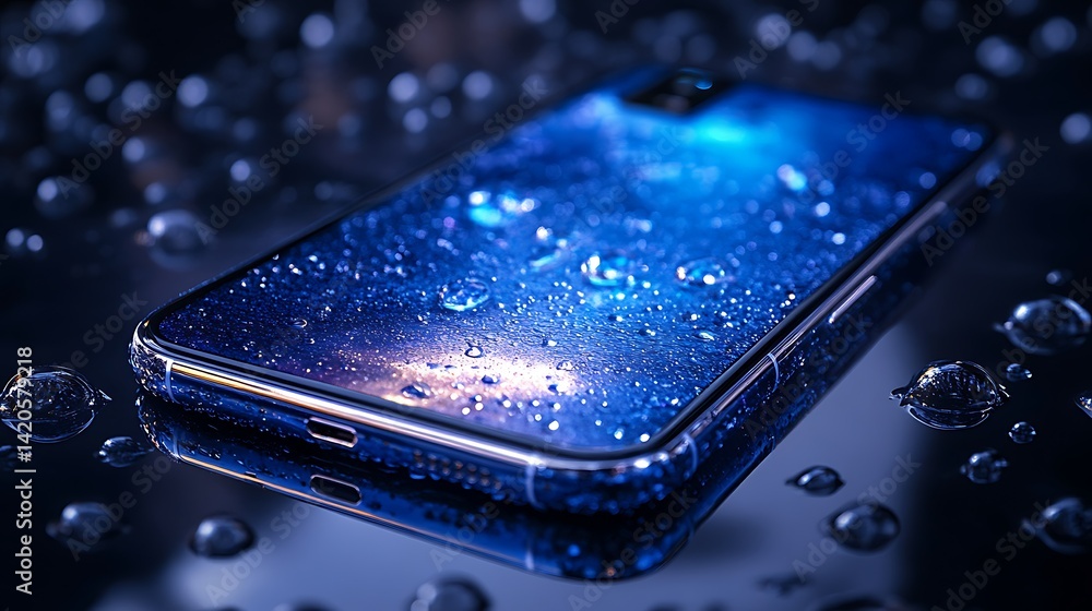Wet Smartphone Photo With Water Drops On Dark Reflective Surface Close Up View Wet Smartphone Photo With Water Drops On Dark Reflective Surface Close Up View