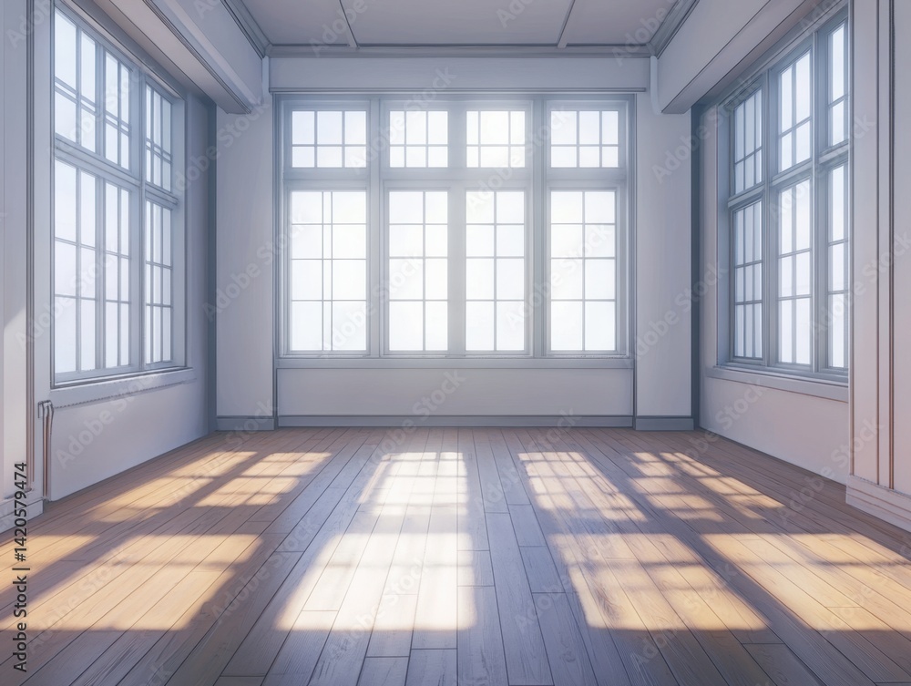 A large room with a lot of windows. The windows are all open and the room is very bright A large room with a lot of windows. The windows are all open and the room is very bright